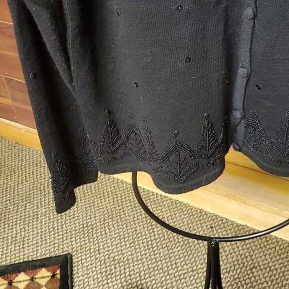 Talbots Embellished Beaded & Embroidered Sz. L 100% WOOL Black Holiday Cardigan - Picture 4 of 9